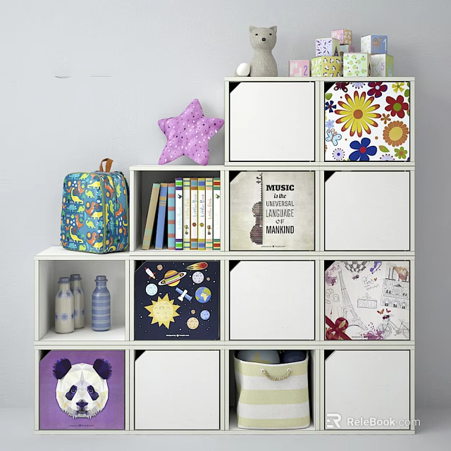 Modern White Entryway Cabinet Side Cabinet With Cube Storage Decorative Books And Plush Toy 3d model 