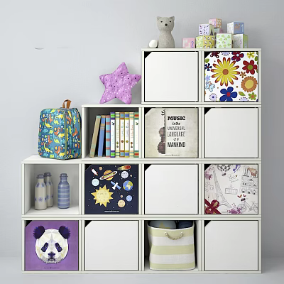 Modern White Entryway Cabinet Side Cabinet With Cube Storage Decorative Books And Plush Toy 3d model