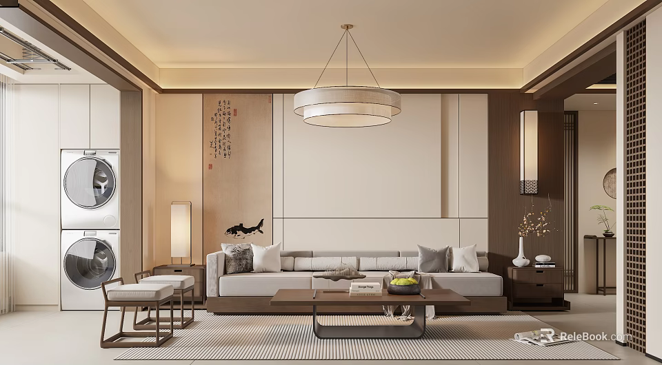 Chinese Style Living And Dining Room Interior With Sofa Coffee Table Chandelier And Calligraphy 3d model 