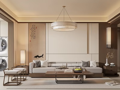 Chinese Style Living And Dining Room Interior With Sofa Coffee Table Chandelier And Calligraphy 3d model