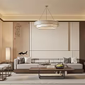 Chinese Style Living And Dining Room Interior With Sofa Coffee Table Chandelier And Calligraphy