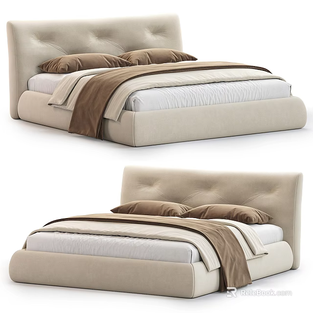 Modern Double Bed With Beige Upholstered Headboard And Comfortable Bedding 3d model