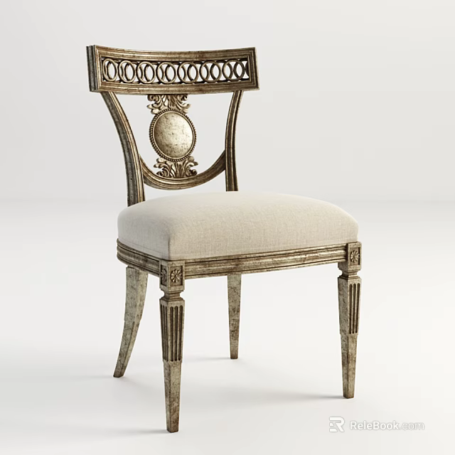 Classic Wooden Dining Chair With Ornate Backrest Upholstered Light Beige Seat And Carved Legs 3d model 