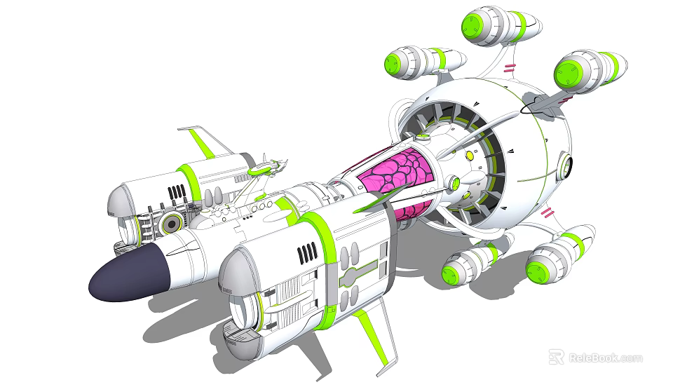Futuristic White And Green Spaceship With Multiple Thrusters And Central Pink Section 3d model 