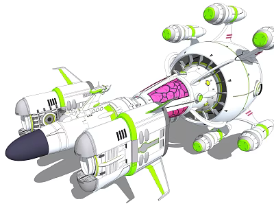 Futuristic White And Green Spaceship With Multiple Thrusters And Central Pink Section 3d model