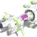 Futuristic White And Green Spaceship With Multiple Thrusters And Central Pink Section