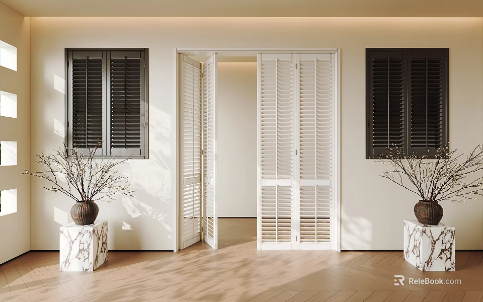 Stylish Shutters In Modern Interior With Decor Plants 3d model 