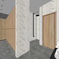 Modern Public Toilet With Marble Countertop Washbasins Urinal Wooden Doors Tiled Walls And Green Plant