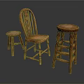 Vintage Wooden Furniture Collection Chair and Stools with Natural Wood Design Carved Backrest Different Heights