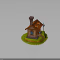 Small House With Red Roof Brick Chimney Blue Door Windows Stone Steps Lamp And Grass