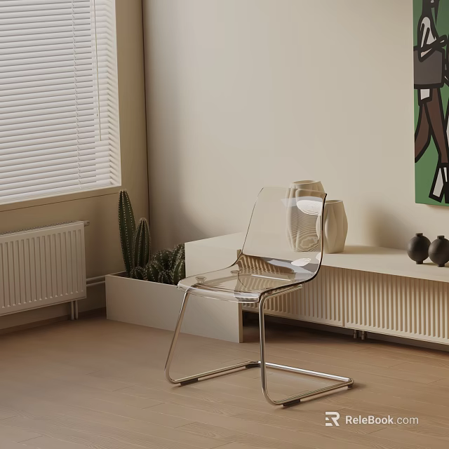 Modern Transparent Dining Chair With Metal Frame In Minimalist Interior With Cactus And Blinds 3d model 