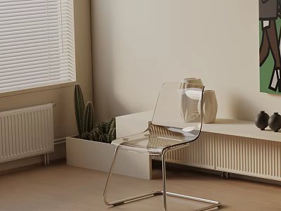 Modern Transparent Dining Chair With Metal Frame In Minimalist Interior With Cactus And Blinds 3d model