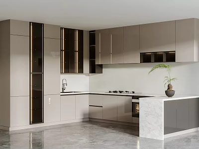 Modern Kitchen Interior Design With Gray Cabinets Glass Doors And Marble Island 3d model