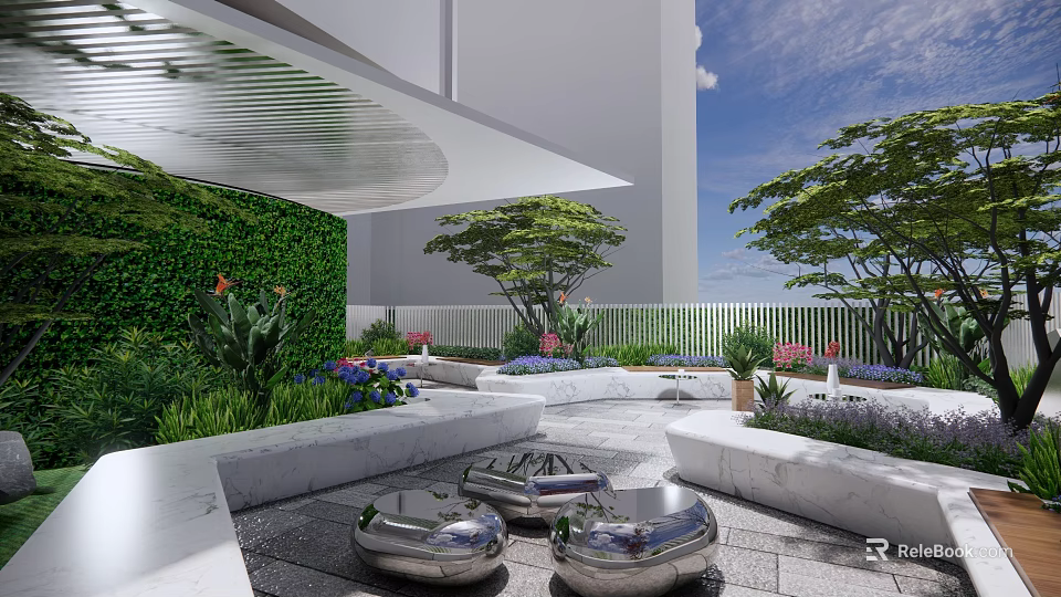 Modern Courtyard Garden Design With Green Living Wall Trees Flowers And Metal Decorative Elements 3d model 