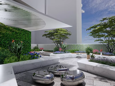 Modern Courtyard Garden Design With Green Living Wall Trees Flowers And Metal Decorative Elements 3d model