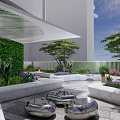 Modern Courtyard Garden Design With Green Living Wall Trees Flowers And Metal Decorative Elements