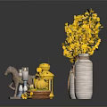 Decorative Ornament Set With Yellow Leaf Plants Vases Lanterns Candles And Pumpkin Decor