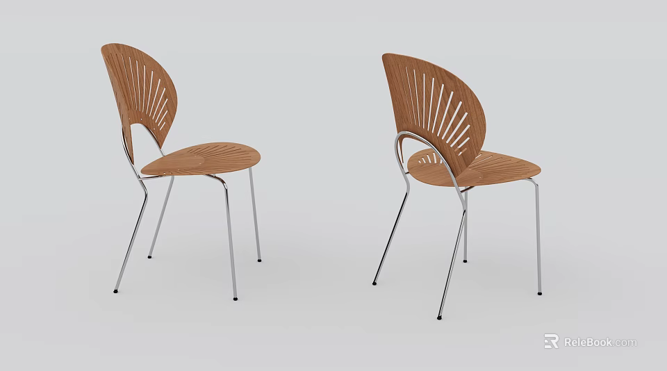 Two Modern Leisure Chairs With Wooden Curved Backrest And Metal Legs Design 3d model 