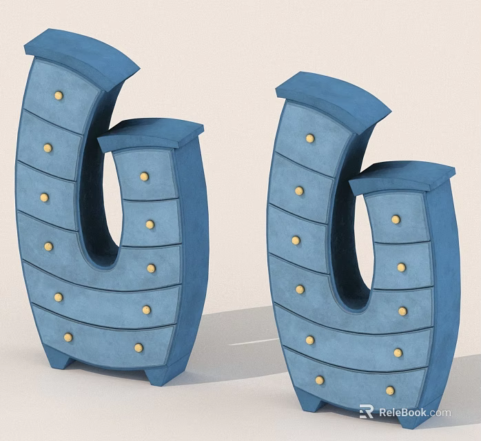 Blue U Shaped Drawer Cabinets With Golden Knobs And Curved Design 3d model 