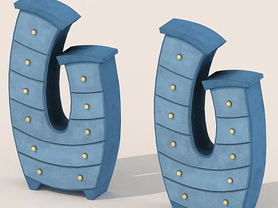 Blue U Shaped Drawer Cabinets With Golden Knobs And Curved Design 3d model