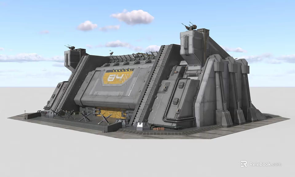 Sturdy Industrial Structure Featuring Gray Walls Turret Like Mechanical Devices And Yellow Panel 3d model 