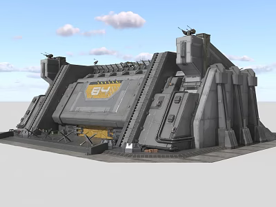 Sturdy Industrial Structure Featuring Gray Walls Turret Like Mechanical Devices And Yellow Panel 3d model