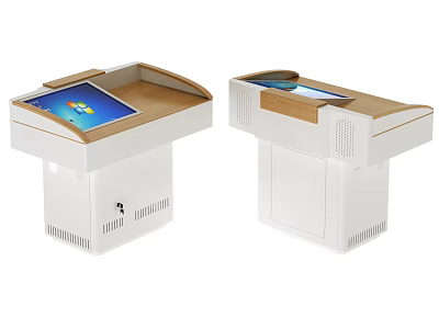 White Self Service Kiosks With Wooden Top And Touch Screen 3d model