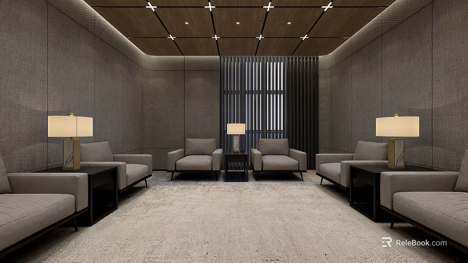 Hotel Public Lounge With Comfortable Sofas Table Lamps Floor Curtains And Carpet 3d model 