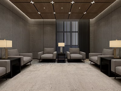 Hotel Public Lounge With Comfortable Sofas Table Lamps Floor Curtains And Carpet 3d model