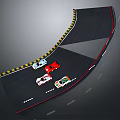 Curved Racing Track With Multiple Race Cars Yellow Guardrails And Lane Markings