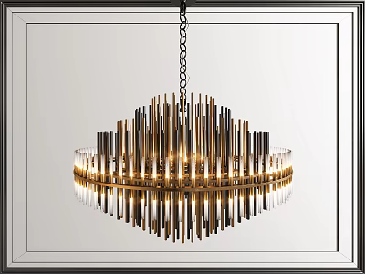 Modern Golden Chandelier With Vertical Metal Rods And Circular Reflective Base Design 3d model