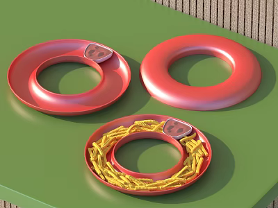 Yellow Crispy Fries Served on Red Circular Plates Arranged on Green Table with Small Decorations 3d model