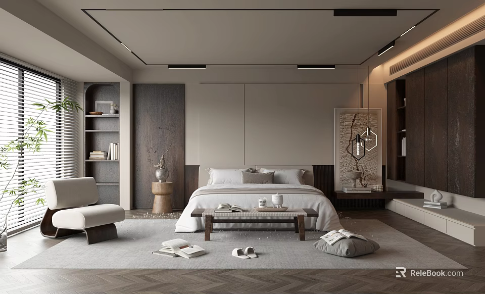 Modern Bedroom Interior Design With Bed Nightstand Rug Armchair And Bookshelf 3d model 