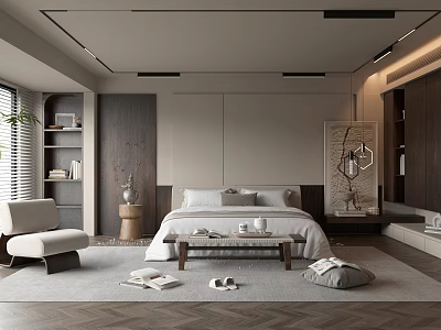 Modern Bedroom Interior Design With Bed Nightstand Rug Armchair And Bookshelf 3d model