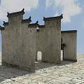 Chinese Traditional Scenic Wall With Gray Surface Tile Roof Round Window And Wooden Door