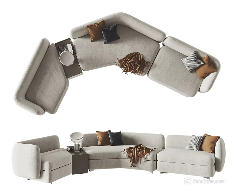 Light Gray Sectional Sofa With Decorative Cushions Side Table And Knitted Throw 3d model