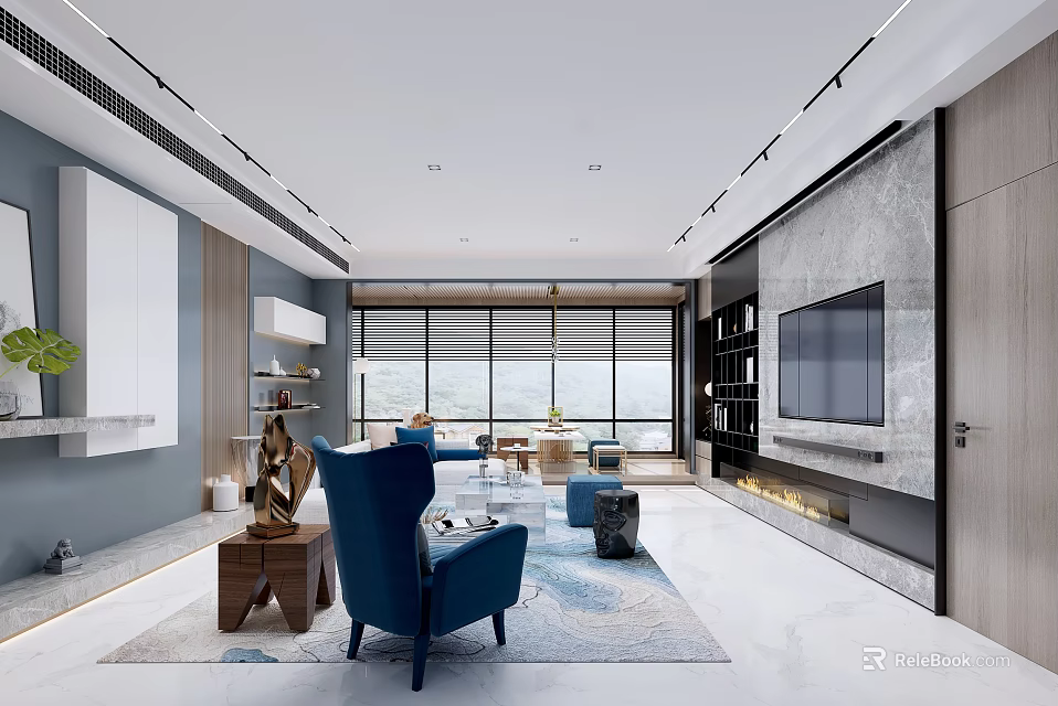 Modern Living Dining Room Interior Design With Blue Chair Large Windows TV Wall And Rug 3d model 