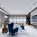 Modern Living Dining Room Interior Design With Blue Chair Large Windows TV Wall And Rug