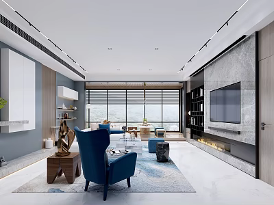 Modern Living Dining Room Interior Design With Blue Chair Large Windows TV Wall And Rug 3d model
