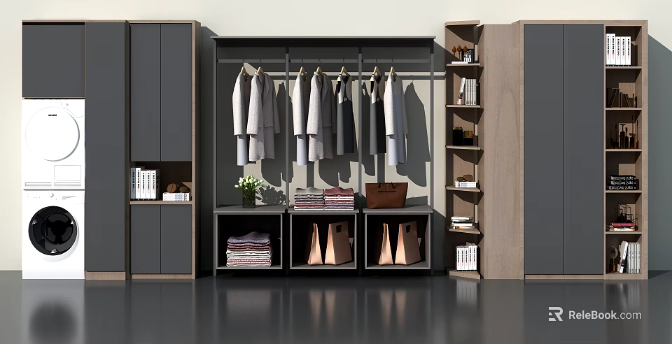 Modern Wardrobe With Hanging Area Drawers Storage Compartments And Bookshelves 3d model 
