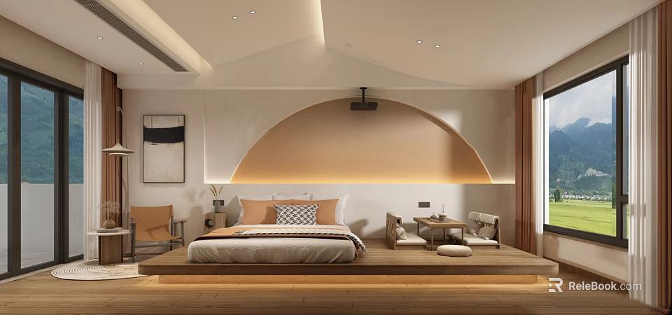 Minimalist Hotel Guest Room Interior With Arched Headboard Bed Nightstand Armchair And Soft Lighting 3d model 
