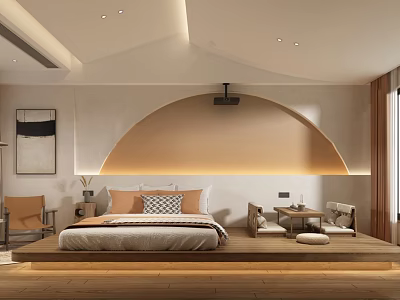 Minimalist Hotel Guest Room Interior With Arched Headboard Bed Nightstand Armchair And Soft Lighting 3d model