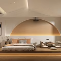 Minimalist Hotel Guest Room Interior With Arched Headboard Bed Nightstand Armchair And Soft Lighting