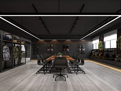 Modern Clothing Store Interior With Conference Table Chairs Clothing Racks Track Lighting And Light Floors 3d model