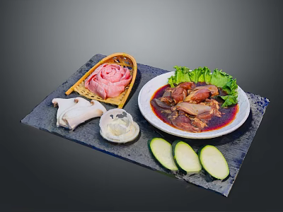 Delicious Pork Dishes with Dark Sauce Fresh Lettuce and Cucumber Slices on Tray 3d model
