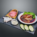 Delicious Pork Dishes with Dark Sauce Fresh Lettuce and Cucumber Slices on Tray