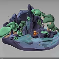 Modern 3D Cartoon Natural Scene With Mountain Trees Waterfall Pond And Figure