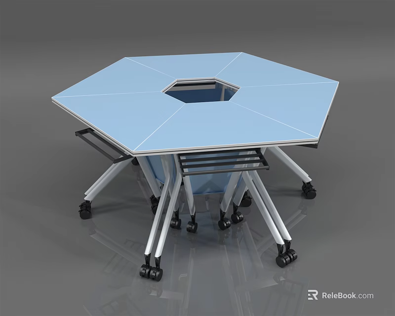 Octagonal Table With Blue Tabletop Central Opening And Wheeled Metal Stands 3d model