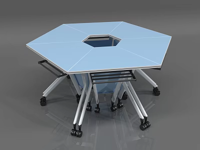 Octagonal Table With Blue Tabletop Central Opening And Wheeled Metal Stands 3d model