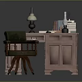 Vintage Pink Desk With Green Desktop And Green Chair Including Lamp Books Ink Bottle And Papers